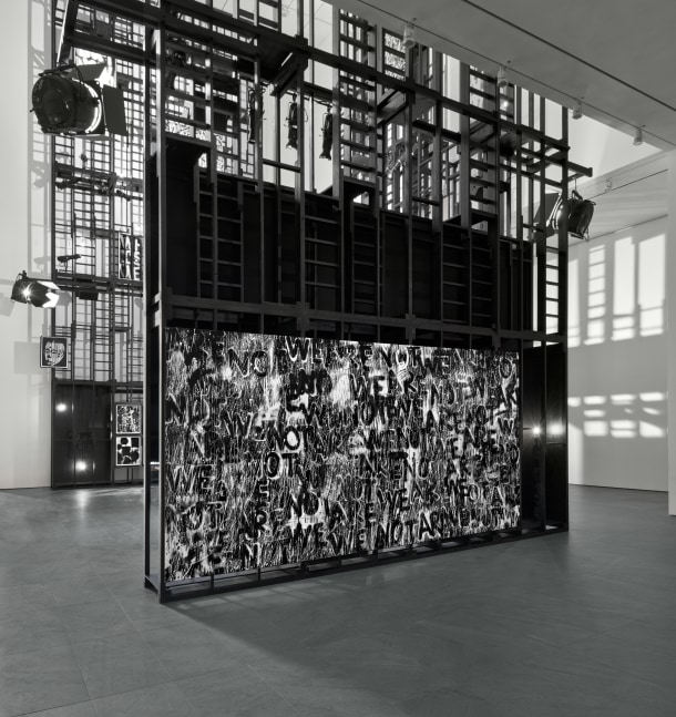 Installation view of paintings by Adam Pendleton