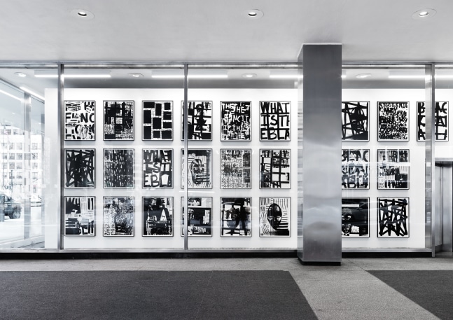 Installation view of paintings by Adam Pendleton