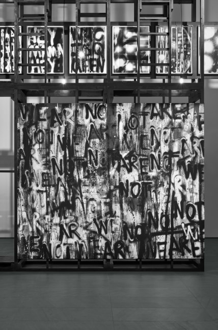 Installation view of paintings by Adam Pendleton