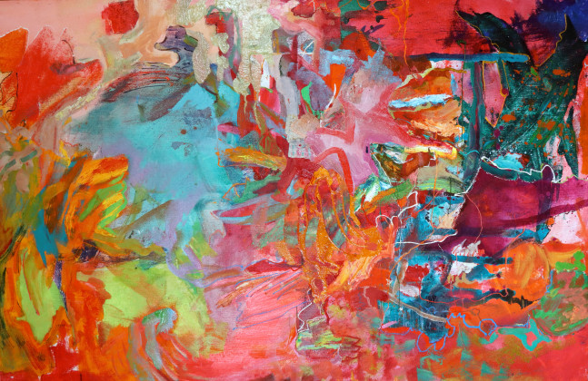 Artist Benjamin Passione, 24.5&quot; by 38&quot;, Oil On Canvas, Titled Abstraction In Red