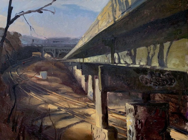 Kelly Micca, Intersection Of Two Bridges And A Railroad  9&quot; x 12&quot;  Oil On Aluminum