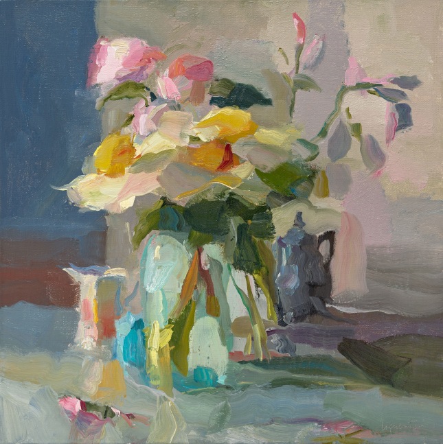Tree Peonies And Campanula  24&quot; x 24&quot;  Oil On Linen