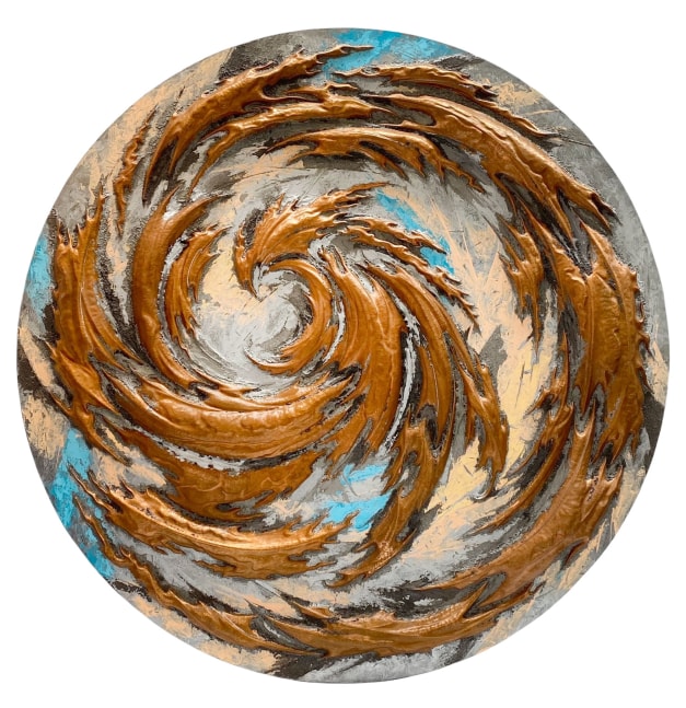 Ardens Mundi 4, Tempestatis  48″ Diameter  Copper Repousse Elements, Abraded Acrylic And Mineral Particles On Archival, Cradled Wood Tondo