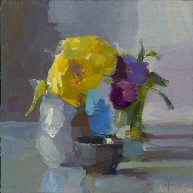Pansies And Yellow Dahlia  10&quot; x 10&quot;  Oil On Mounted Linen