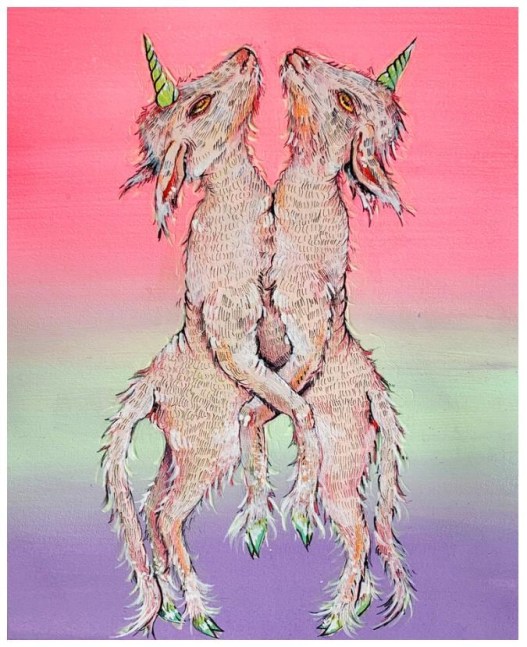 Tessa Edgren The Village Twins 2021 20 x 12 Gouache, ink, glitter, glow in the dark paint, and acrylic on watercolor paper