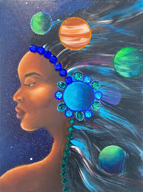 Yocari De Los Santos  En la órbita de sí misma (In the orbit of herself)  24&quot; x 18&quot;  Acrylic, Oil And Gemstones On Canvas  2025