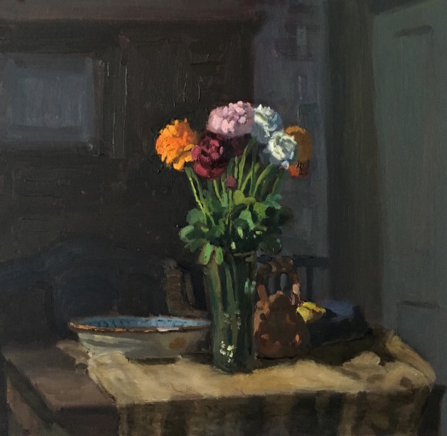 Ranunculus And French Plate  12.5&quot; x 13&quot;  Oil On Panel
