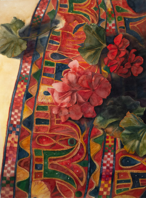 Geraniums On Antique Indian Fabric  40&quot; x 29&quot;  Watercolor