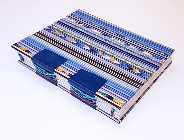 Rosae Reeder, Blue And Gold French Twist (Handmade, One-Of-A-Kind Notebook)  6.25&quot; x 4.75&quot;  Hard Cover Blue &amp; Gold French Twist With Goatskin Leather And Hand-Dyed Thread