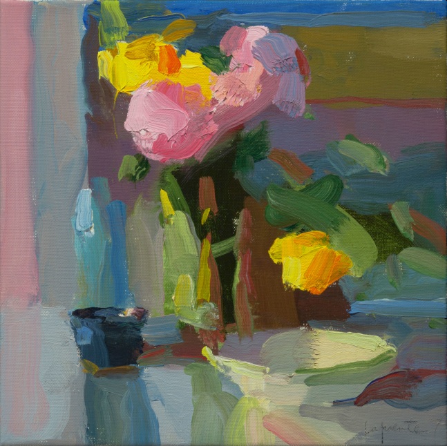 Cup and Bowl with Peonies and Tulips   10&quot; x 10&quot;   Oil On Linen