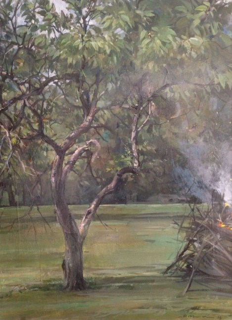 Apple Tree With Burning Pile  24&quot; x 18&quot;  Oil On Panel