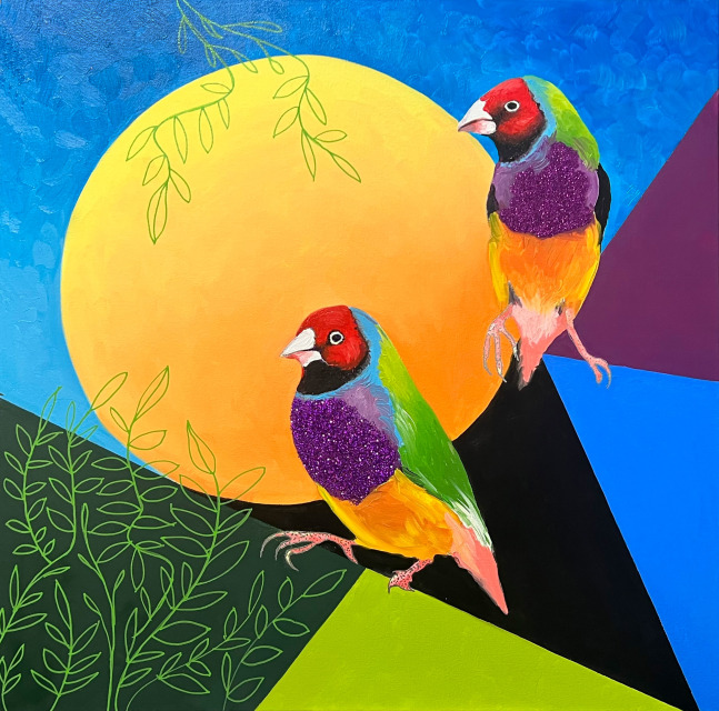 Cubist Parrot Finches  30&quot; x 30&quot;  Oil On Canvas With Sot Glitter &amp; Mirror Marker