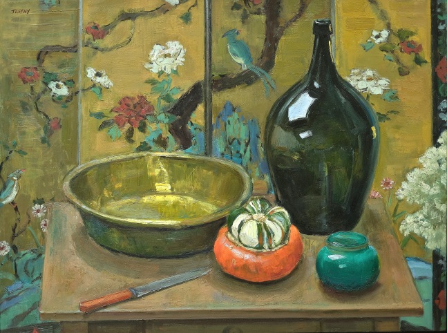 Copper Top Table With Basin, Bottle, And Screen  24&quot; x 32&quot;  Oil On Panel