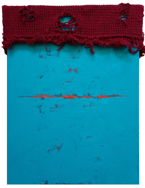 Warren Keyser, Hand Knit Red On Turquoise  18&quot; x 24&quot;   Yarn And Oil On Board