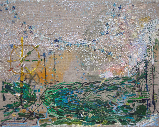 Augury In The Blue Hour  16&quot; x 20&quot;  Oil And Thread On Linen