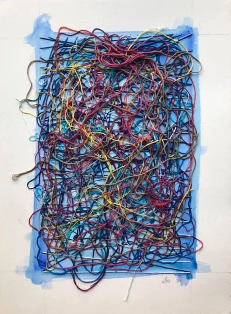 Work On Paper Blue  15&quot; x 11&quot;  Watercolor, Thread, And Gel Medium On Paper