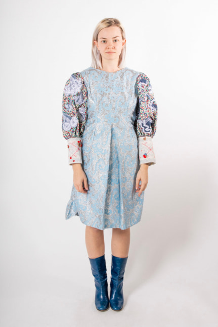Shelby Donnelly, Weather Dress  Fits Size 6 - 8  Upcycled 1960s Brocade Dress, Upholstery Corduroy Sleeves, Hand-Embellished Wind And Wave Appliques By Artist  Care: Dry Clean Only