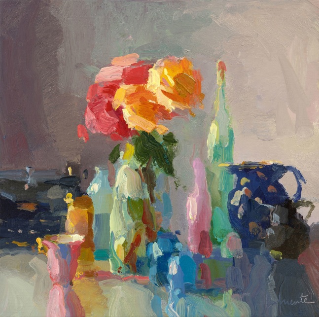 Roses, Bottle, Teacup, And Typewriter 14” x 14” Oil On Linen
