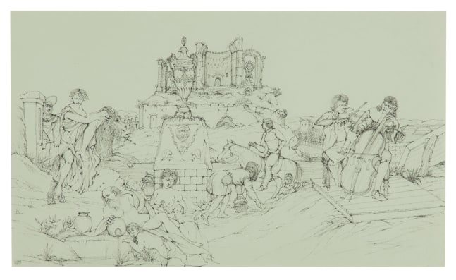 Untitled (Ruins With Violinist and Cellist At Right), Mid 1990's  13.13&quot; x 22.25&quot;  Pen And Ink