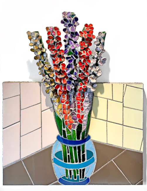 Jonathan Mandell, Gladiolus Bouquet  31&quot; x 24&quot; x 3.5&quot;  Hand Blown Glass Shards And Ceramic Tile Mosaic