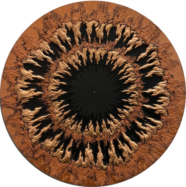 Atman 7  36″ Diameter   Copper Repousse Elements, Abraded Acrylic, 23.5K Gold And Mineral Particles On Archival, Cradled Wood Panel