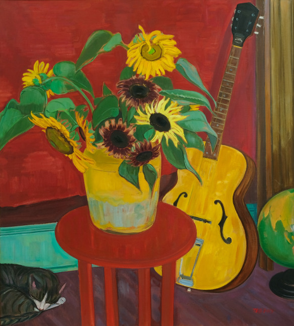 Sunflowers And Guitar  40&quot; x 34&quot;  Oil On Linen