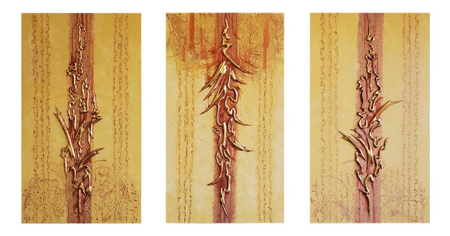 Cantos Helios (Triptych) 60″ x 34″ (Each)  Gilded Copper Repousse Elements, Abraded Acrylic And Mineral Particles On Archival, Cradled Wood Panels