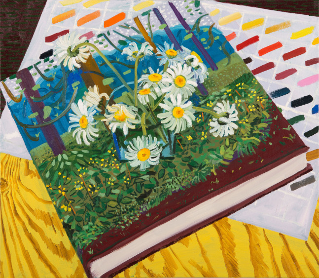 Lauren Whearty, Still Life With Daisies &amp; Hockney  21&quot; x 24&quot;  Oil On Canvas