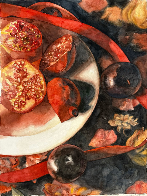Pomegranates, Ribbon, And Plums  29.25” x 21.75”  Watercolor On D’Arches Paper