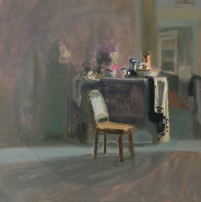 Interior Still Life With Chair And Drapery  14&quot; x 13.75&quot;  Oil On Panel