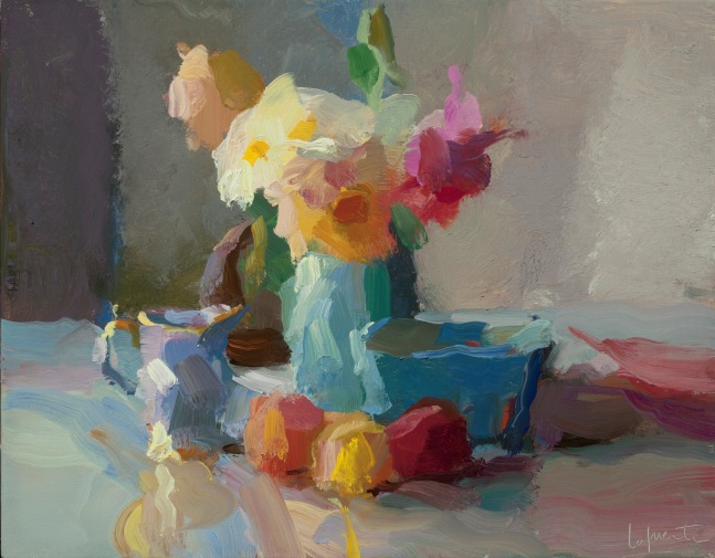 Dahlias, Creamer And Peaches (SOLD)  11&quot; x 14&quot;  Oil On Linen