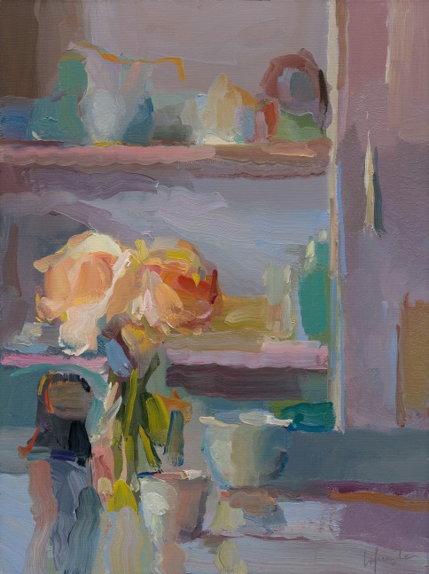 Roses, Cups, And Shelves 24” x 18” Oil On Linen