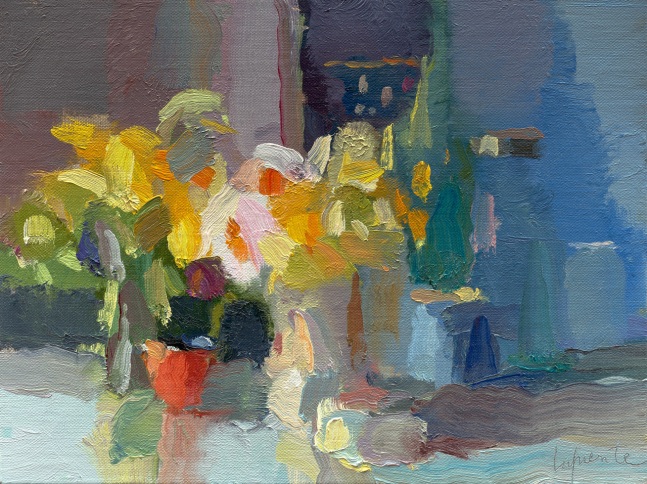 Daffodils, Sea Salt, And Bottles  9″ x 12″  Oil On Mounted Linen