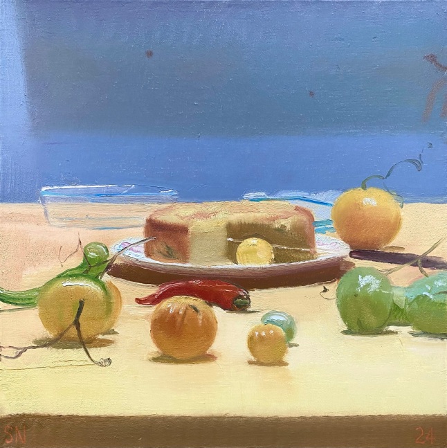 Still Life With Cheesecake And Fruits  24” x 24”  Oil On Canvas