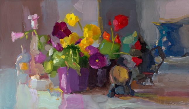 Campanula, Pansies, And Pitchers  14&quot; x 24&quot;  Oil On Linen
