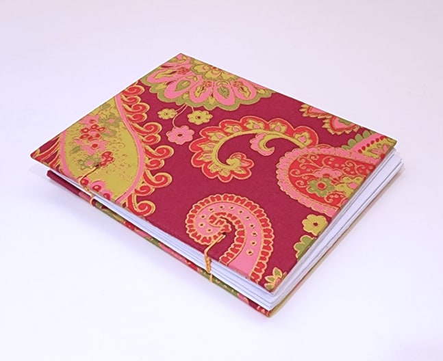Rosae Reeder, Pink, Green, Gold Paisley (Notebook)  5.75&quot; x 4.75&quot;  Hard Cover, Pink, Green &amp; Gold Paisley Paired Station Binding With Indian Hand Block Printed Paper