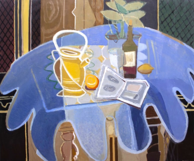 Table With Blue Cloth, Jug, And Wine  40&quot; x 48&quot;  Oil On Linen