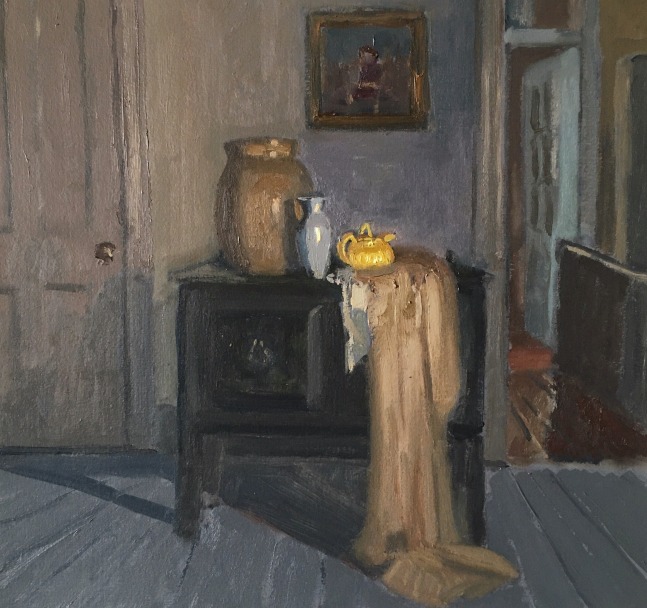 Interior With Water Jug And Teapot  11.5&quot; x 12&quot;  Oil On Panel