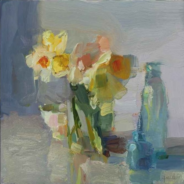 Daffodils And Blue Bottles  10&quot; x 10&quot;  Oil On Mounted Linen