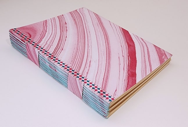 Rosae Reeder, Pink Marble With Baby Blue Thread (Notebook)  5.5&quot; x 4.5&quot;  Pink Marble With Baby Blue Thread, Long Stitch, Accented With Washi Tape