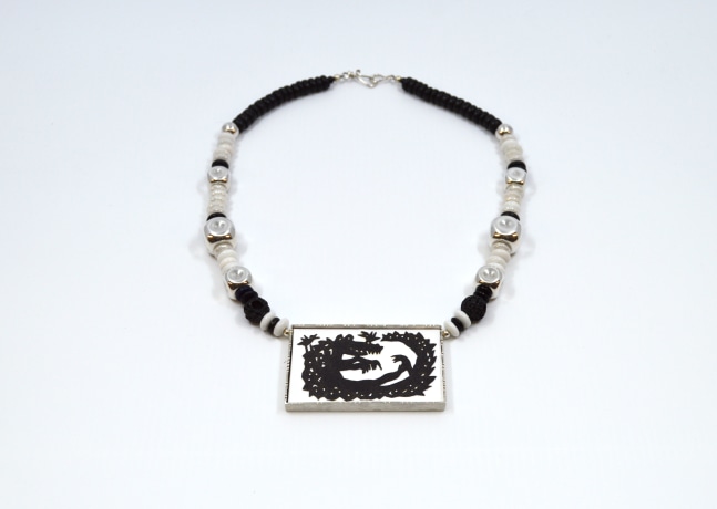 Margery Cooper, Crocodile Rock, Necklace  21&quot;   Sterling Silver, Lava Rock, Antique Boot Buttons, Papercut: Rachel Isaac, Mill Studios, Manayunk
