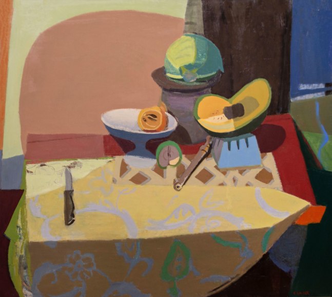Still Life With Fruit, Cabbage, And Recorder 36” x 40” Oil On Linen