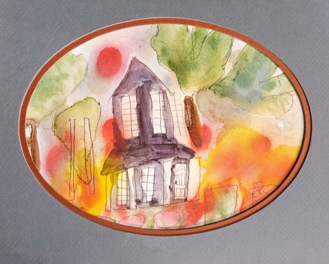 SpArc, Catherine R., Surreal House  8.5&quot; x 10&quot; oval in 11&quot; x 14&quot; mat frame  Acrylic Watercolor On Paper Please inquire for purchase instructions.