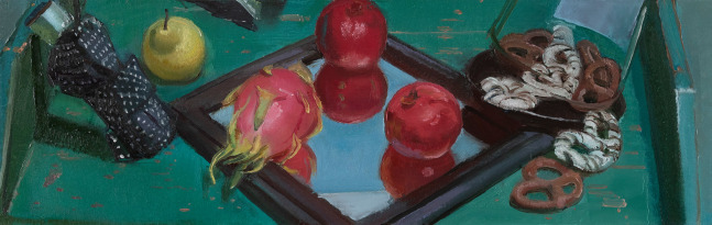 Scott Noel, Still Life With Frosted Pretzels And Dragonfruit 12&quot; x 38&quot;  Oil On Linen