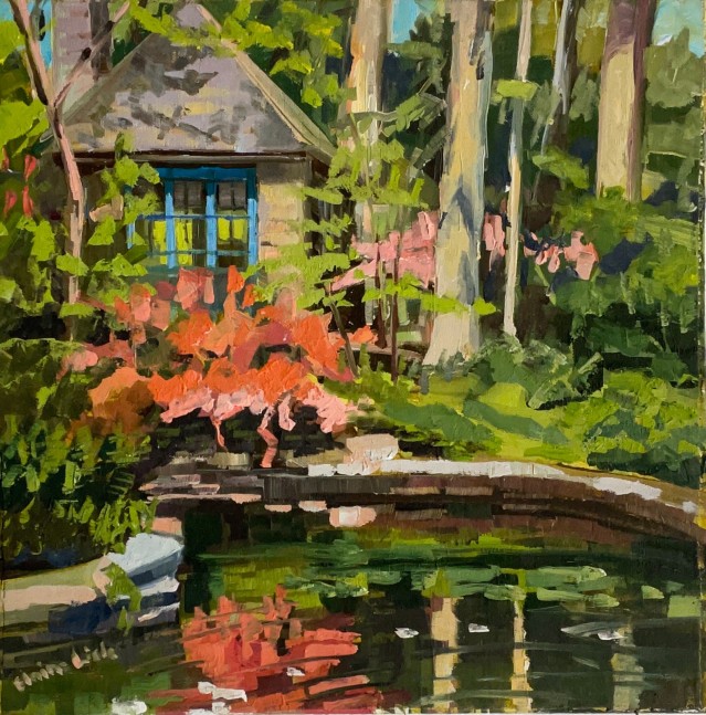 Azalea Reflection By The Tea House  10&quot; x 10&quot;  Oil On Board