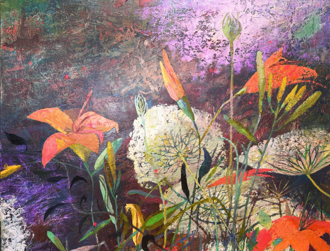 Queen’s Anne’s Lace, Lillies, And Lady Bug  26” x 38”  Oil And Acrylic Interference On Canvas