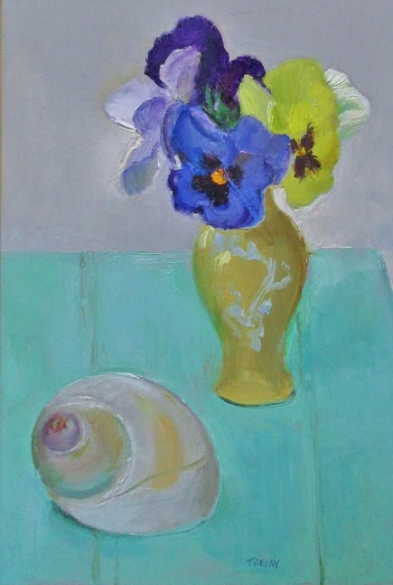 Pansies And Moon Snailshell  12” x 8&quot;  Oil On Panel