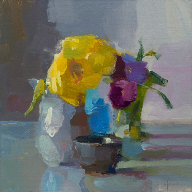 Pansies And Yellow Tulip  10&quot; x 10&quot;  Oil On Mounted Linen