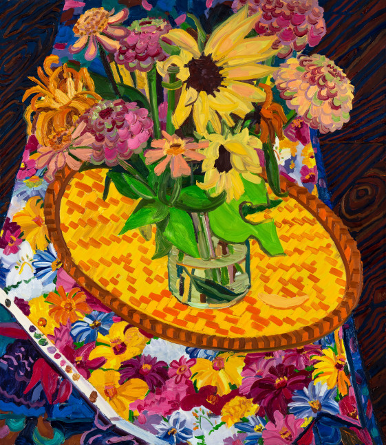 Still Life With Quilting Fabric And Summer Flowers 24” x 21” Oil On Canvas