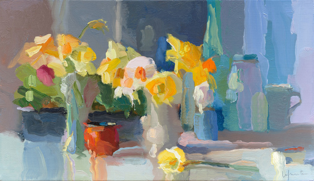 Daffodils And Red Cup  14&quot; x 24&quot;  Oil On Linen